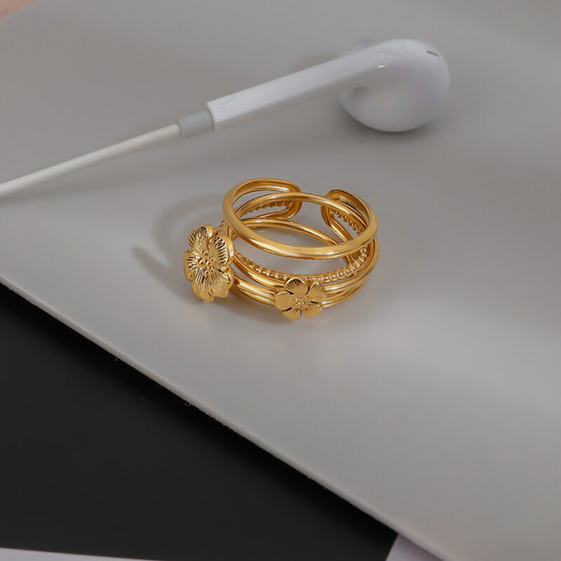 18K Gold Stainless Steel Ribbed Shell and Starfish With Round Water Drop Double-Layer Rings Set - Image 7
