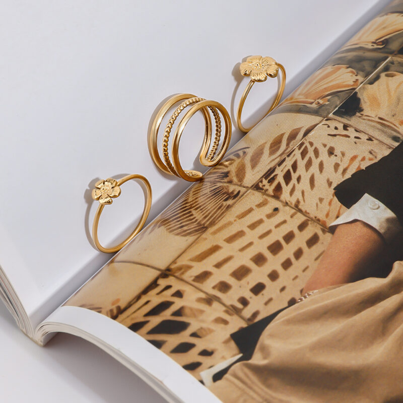 18K Gold Stainless Steel Ribbed Shell and Starfish With Round Water Drop Double-Layer Rings Set - Image 8