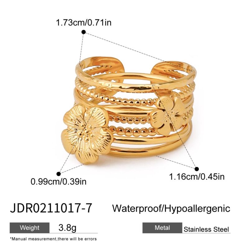 18K Gold Stainless Steel Ribbed Shell and Starfish With Round Water Drop Double-Layer Rings Set - Image 10
