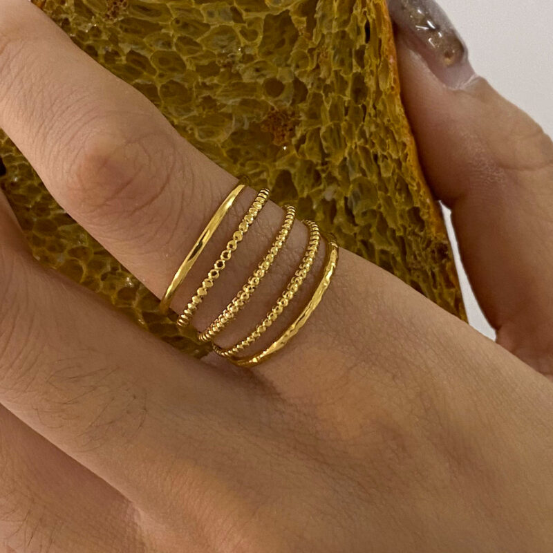 18K Gold Stainless Steel Ribbed Shell and Starfish With Round Water Drop Double-Layer Rings Set - Image 5