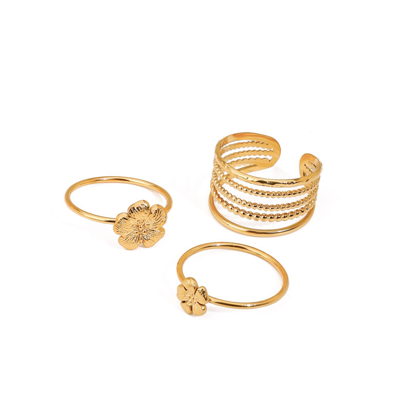 18K Gold Stainless Steel Ribbed Shell and Starfish With Round Water Drop Double-Layer Rings Set - Image 2