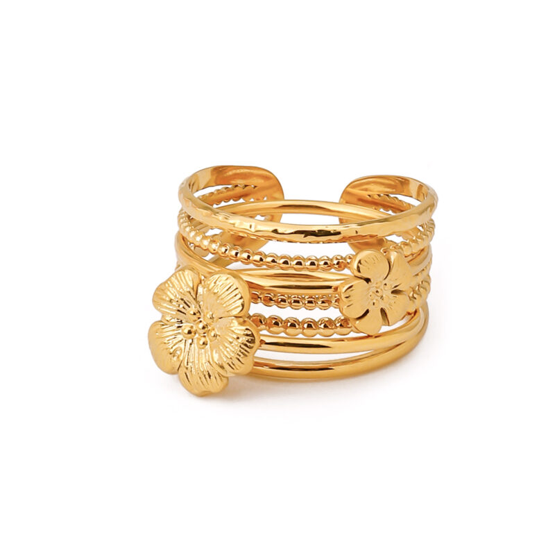 18K Gold Stainless Steel Ribbed Shell and Starfish With Round Water Drop Double-Layer Rings Set