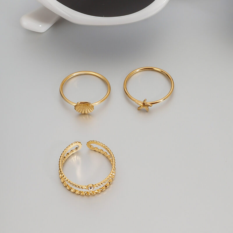 18K Gold Stainless Steel Ribbed Shell and Starfish With Round Water Drop Double-Layer Rings Set - Image 7