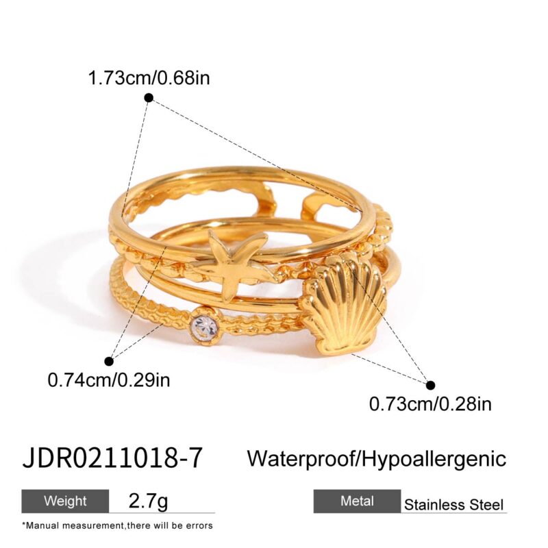 18K Gold Stainless Steel Ribbed Shell and Starfish With Round Water Drop Double-Layer Rings Set - Image 9