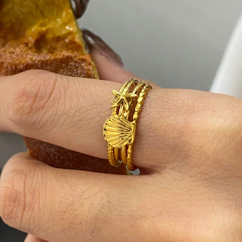 18K Gold Stainless Steel Ribbed Shell and Starfish With Round Water Drop Double-Layer Rings Set - Image 6
