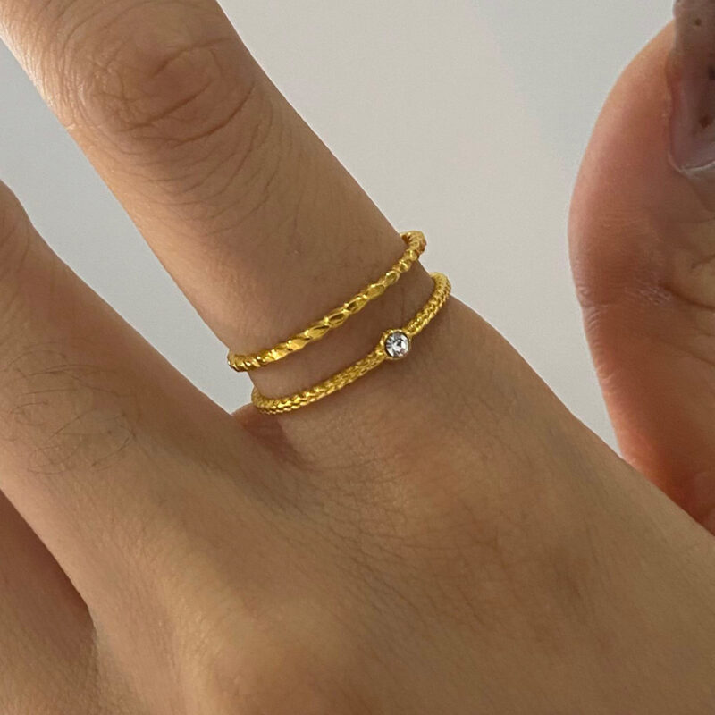 18K Gold Stainless Steel Ribbed Shell and Starfish With Round Water Drop Double-Layer Rings Set - Image 4