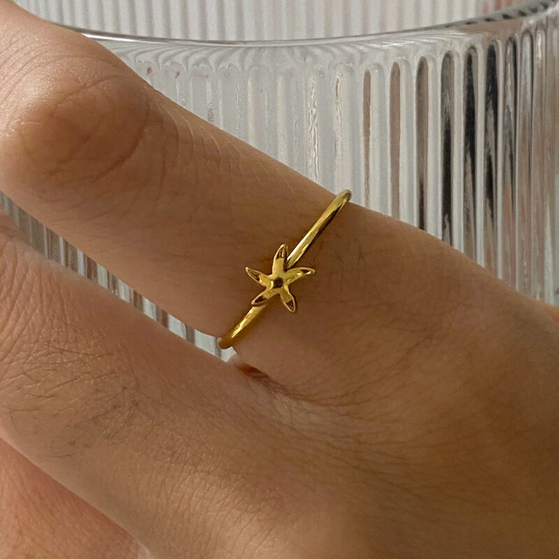 18K Gold Stainless Steel Ribbed Shell and Starfish With Round Water Drop Double-Layer Rings Set - Image 3