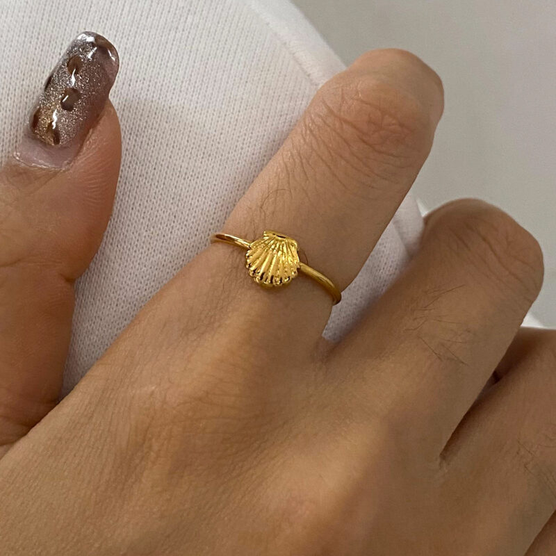 18K Gold Stainless Steel Ribbed Shell and Starfish With Round Water Drop Double-Layer Rings Set - Image 5