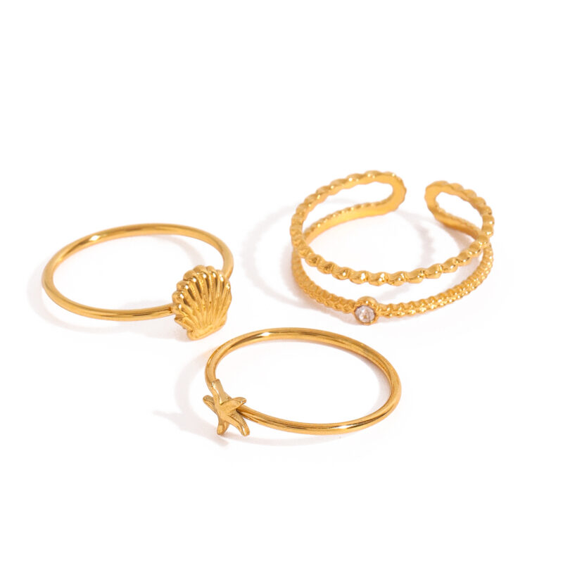 18K Gold Stainless Steel Ribbed Shell and Starfish With Round Water Drop Double-Layer Rings Set - Image 2