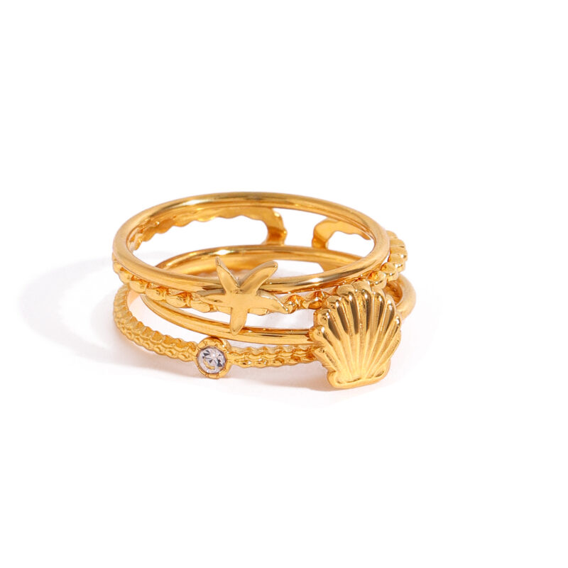 18K Gold Stainless Steel Ribbed Shell and Starfish With Round Water Drop Double-Layer Rings Set