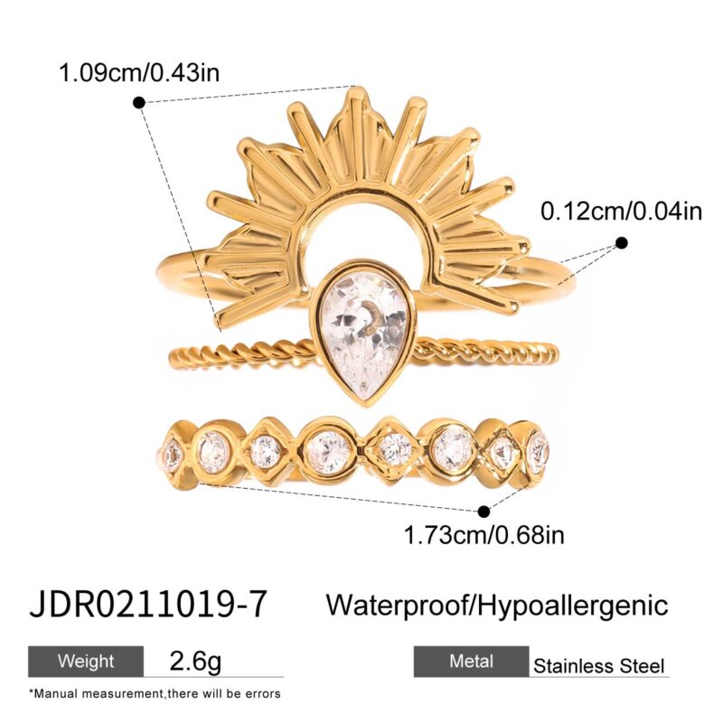 18K Gold Stackable Ring Textured Band Sunburst Zircon Design - Image 5