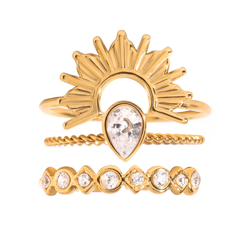 18K Gold Stackable Ring Textured Band Sunburst Zircon Design