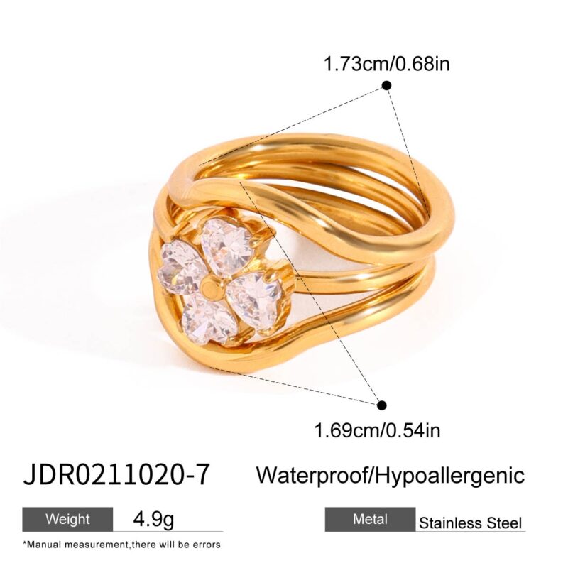 18K Gold Stainless Steel Elegant Jewelry Size 7 White Zircon Heart Shaped Water Drop Four-Leaf Clover Rings Set - Image 6