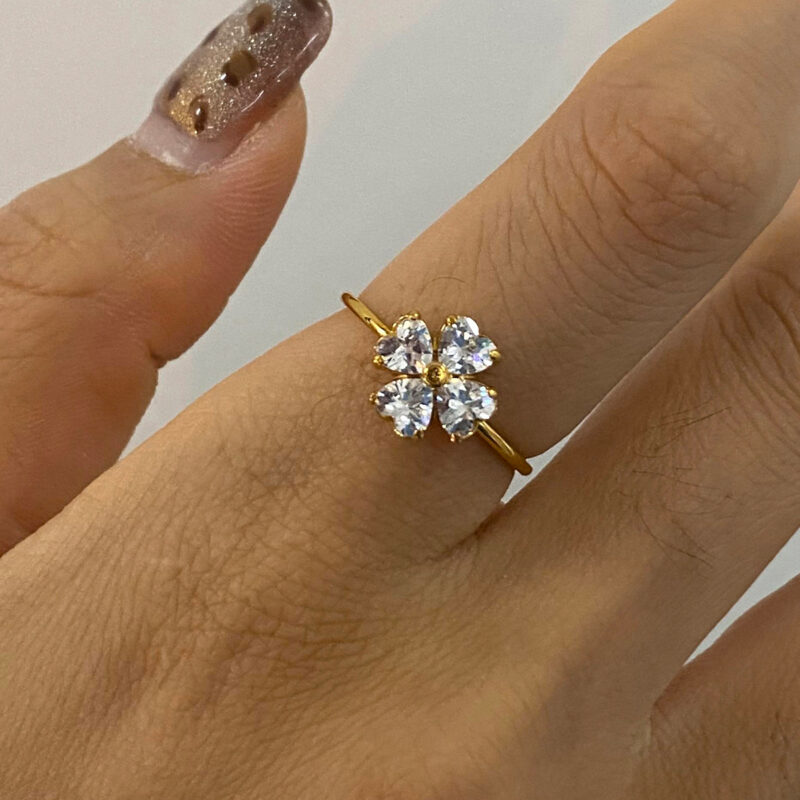 18K Gold Stainless Steel Elegant Jewelry Size 7 White Zircon Heart Shaped Water Drop Four-Leaf Clover Rings Set - Image 3