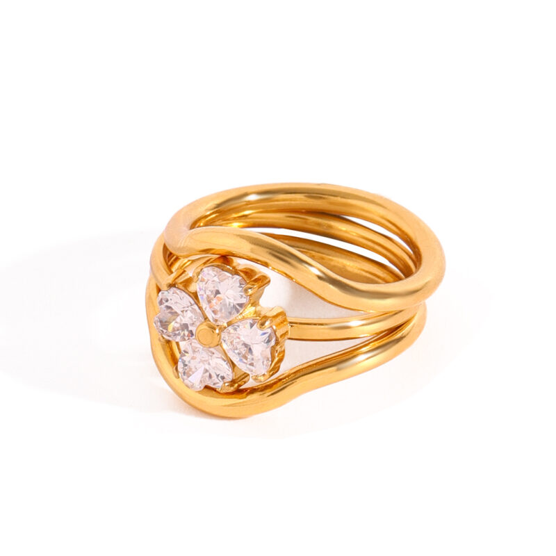 18K Gold Stainless Steel Elegant Jewelry Size 7 White Zircon Heart Shaped Water Drop Four-Leaf Clover Rings Set