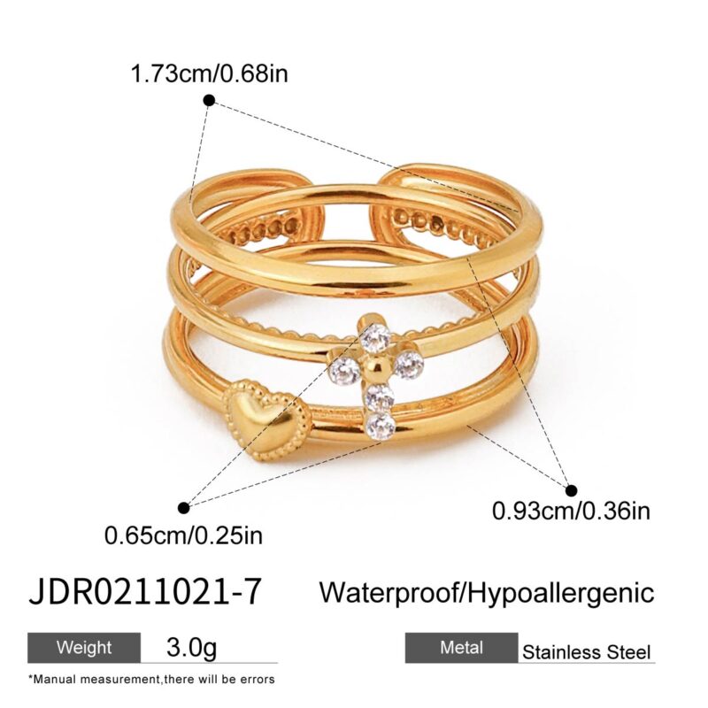 18K Gold Stainless Steel Three-Layer Hollow Stackable Rings Set Elegant Luxury White Diamond Cross Ribbed Stud Earrings - Image 6