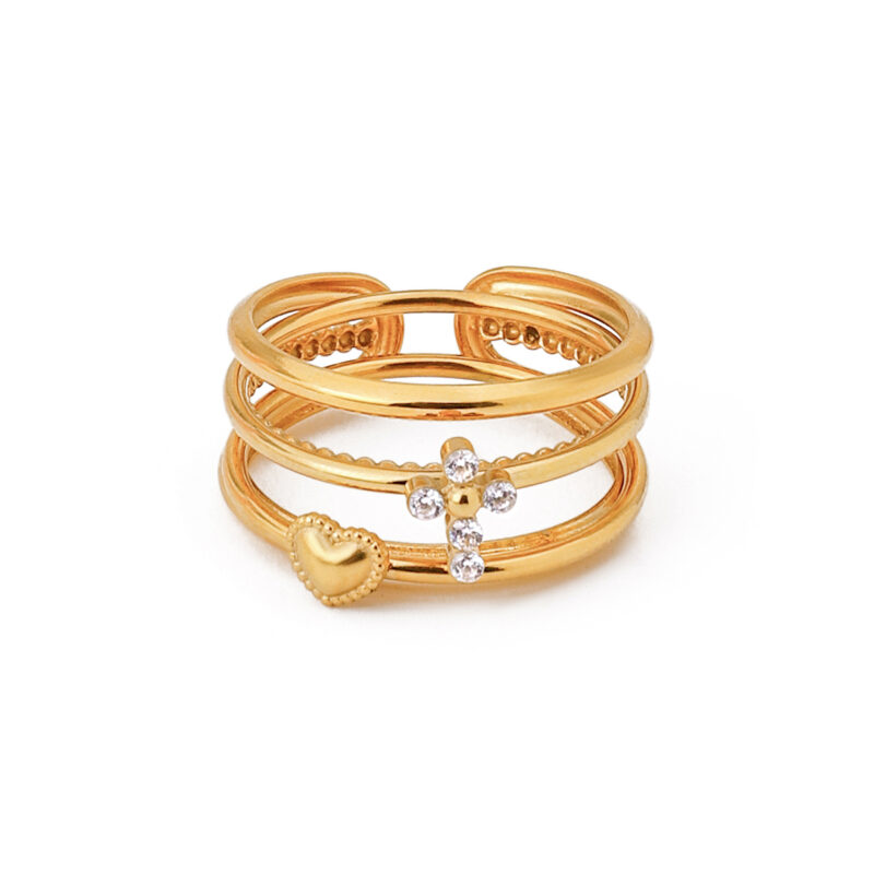 18K Gold Stainless Steel Three-Layer Hollow Stackable Rings Set Elegant Luxury White Diamond Cross Ribbed Stud Earrings