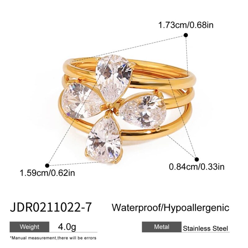 18K Gold Stainless Steel White DiamondElegant Luxury Teardrop Shaped Four-Leaf Clover Stackable Rings Set - Image 7