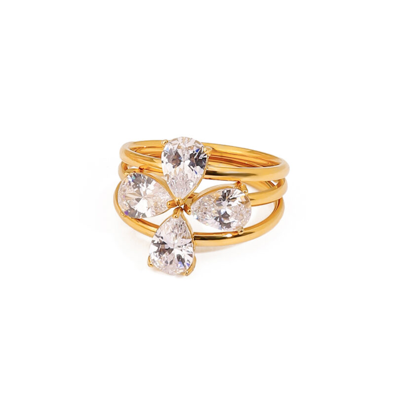 18K Gold Stainless Steel White DiamondElegant Luxury Teardrop Shaped Four-Leaf Clover Stackable Rings Set
