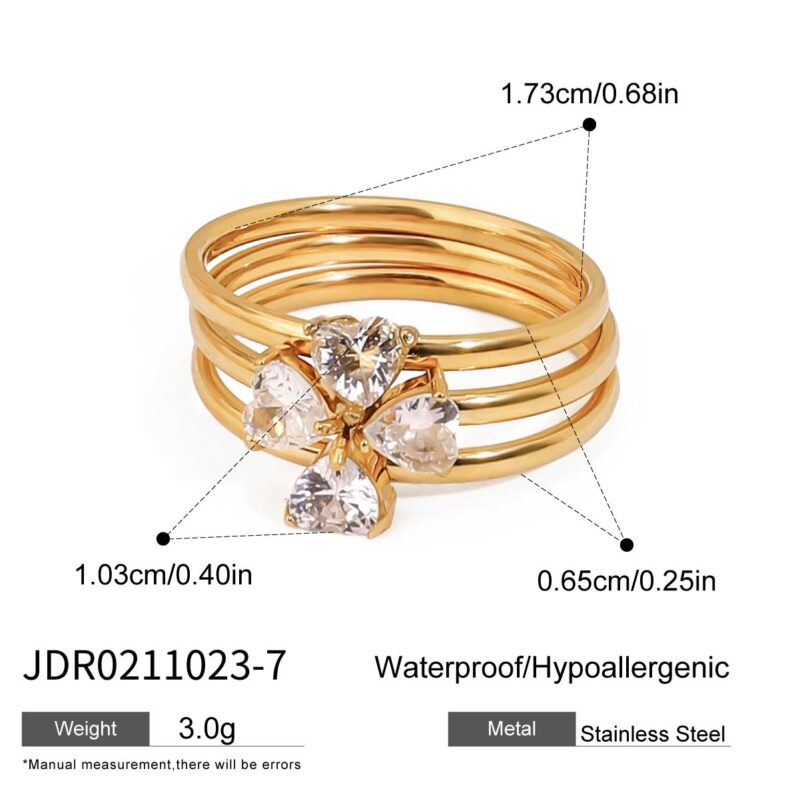 ?18K Gold Stainless Steel White Diamond Elegant Chic Jewelry Heart Shaped Four-Leaf Clover Stackable Rings Set - Image 5