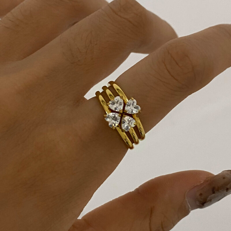 ?18K Gold Stainless Steel White Diamond Elegant Chic Jewelry Heart Shaped Four-Leaf Clover Stackable Rings Set - Image 3