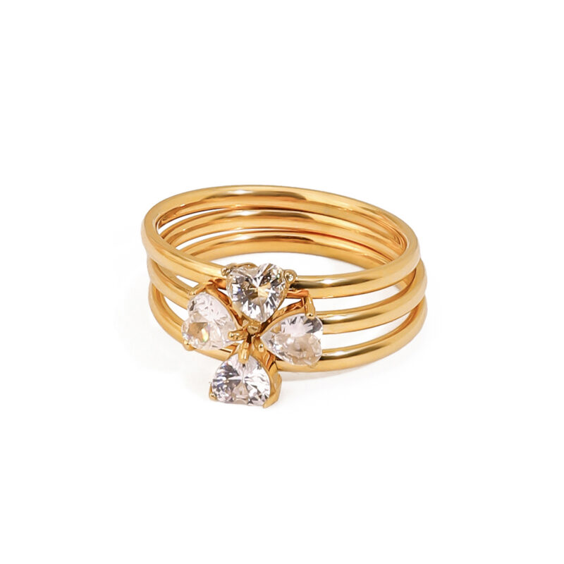 ?18K Gold Stainless Steel White Diamond Elegant Chic Jewelry Heart Shaped Four-Leaf Clover Stackable Rings Set