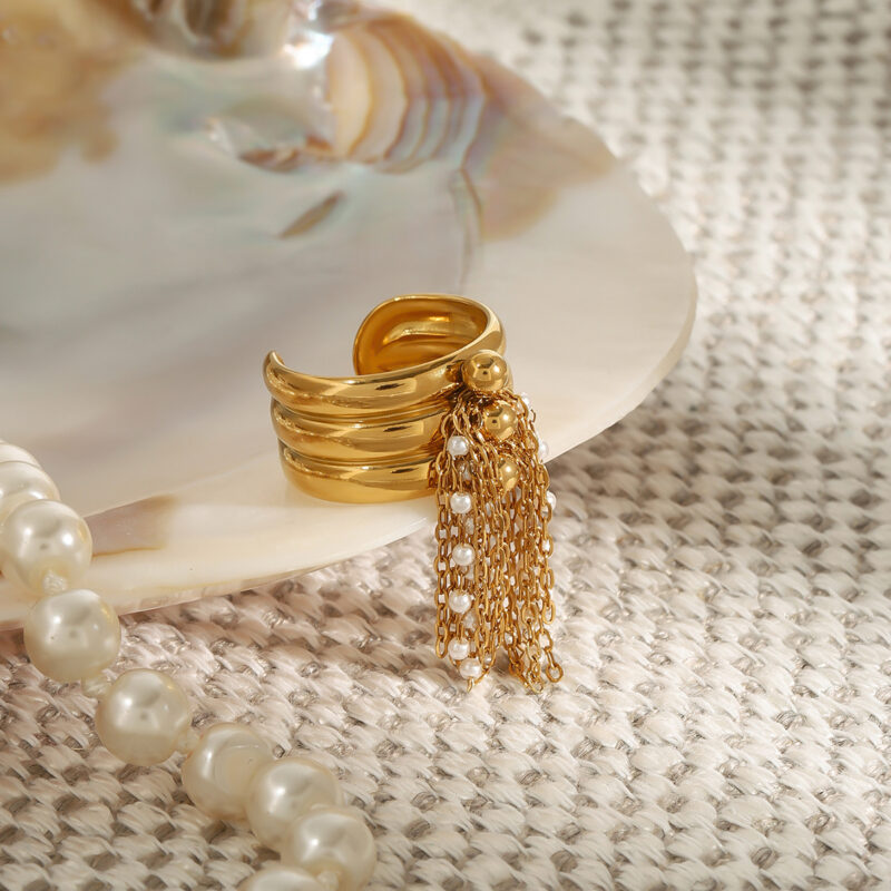 Modern classic 18k gold stainless steel imitation shell bead layer  bead chain tassel ring - Image 4