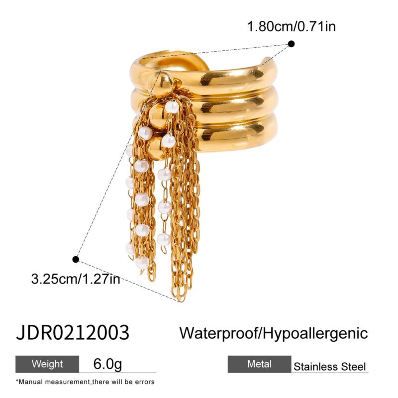 Modern classic 18k gold stainless steel imitation shell bead layer  bead chain tassel ring - Image 5