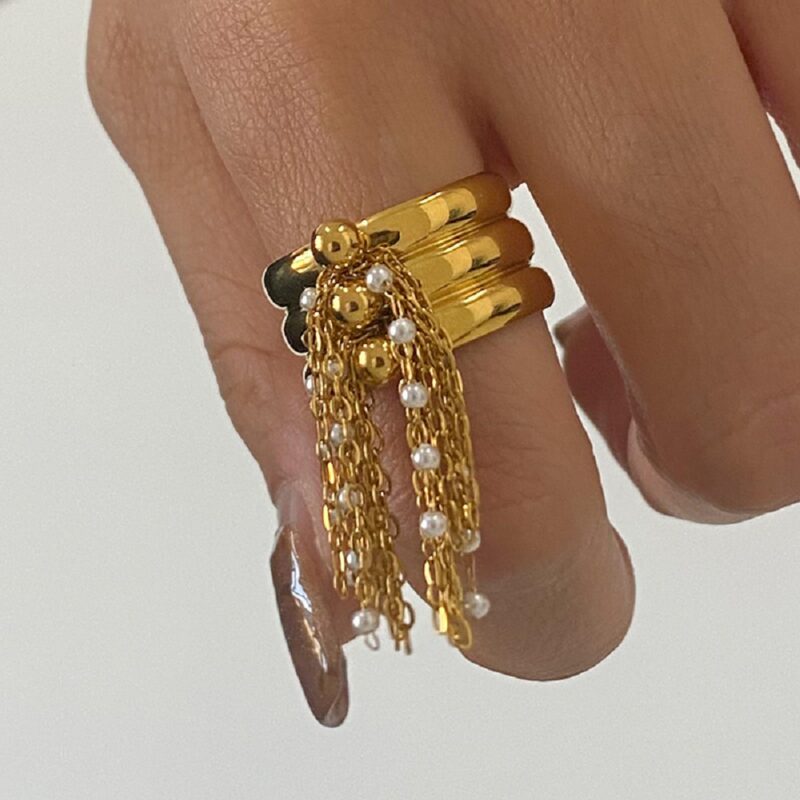 Modern classic 18k gold stainless steel imitation shell bead layer  bead chain tassel ring - Image 3