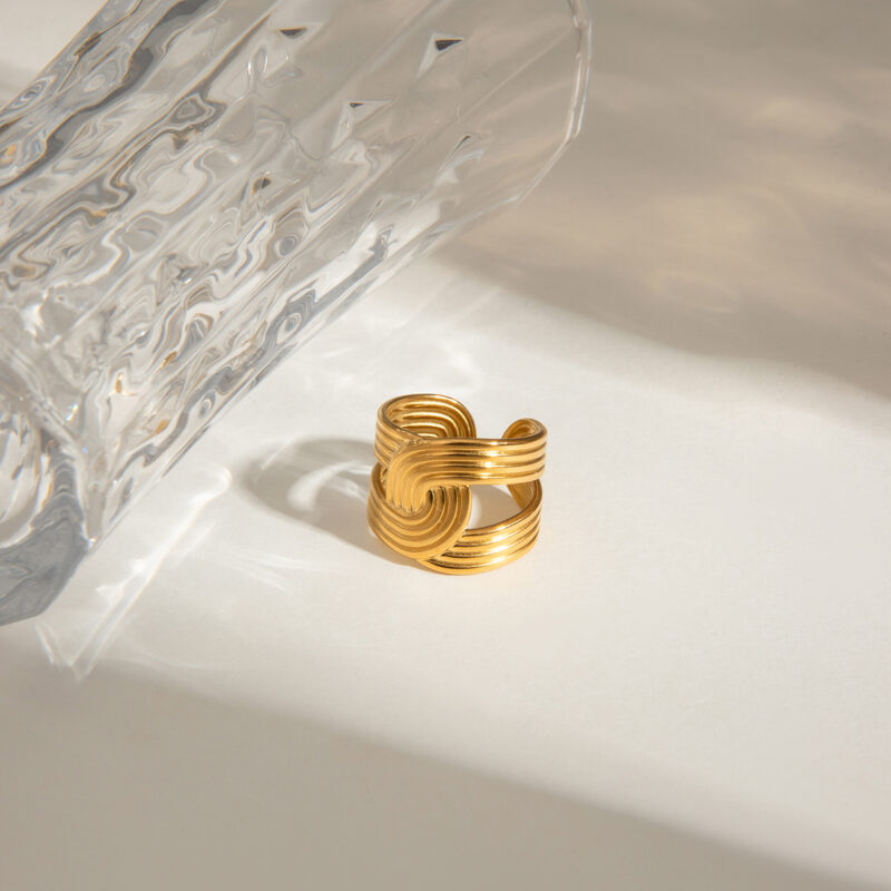 18K Gold Stainless Steel Industrial Style Fashion Jewelry Ribbed Twisted Hollow Open Ring - Image 4