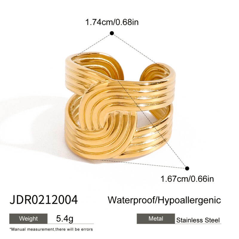 18K Gold Stainless Steel Industrial Style Fashion Jewelry Ribbed Twisted Hollow Open Ring - Image 5