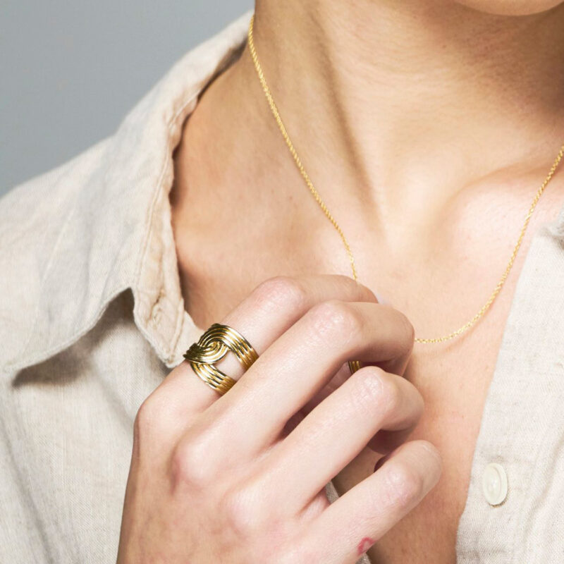 18K Gold Stainless Steel Industrial Style Fashion Jewelry Ribbed Twisted Hollow Open Ring - Image 3