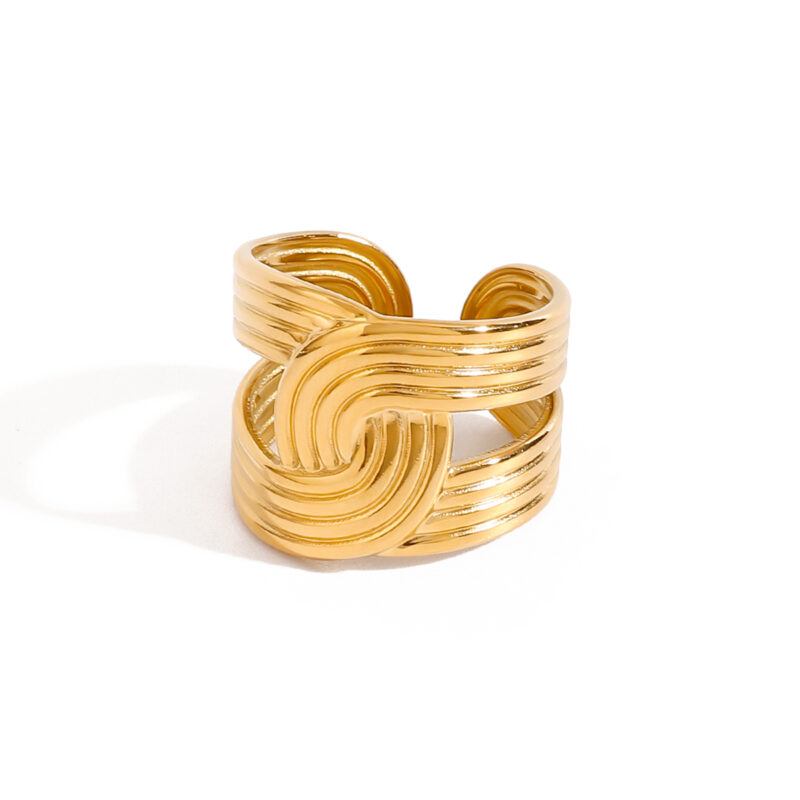 18K Gold Stainless Steel Industrial Style Fashion Jewelry Ribbed Twisted Hollow Open Ring