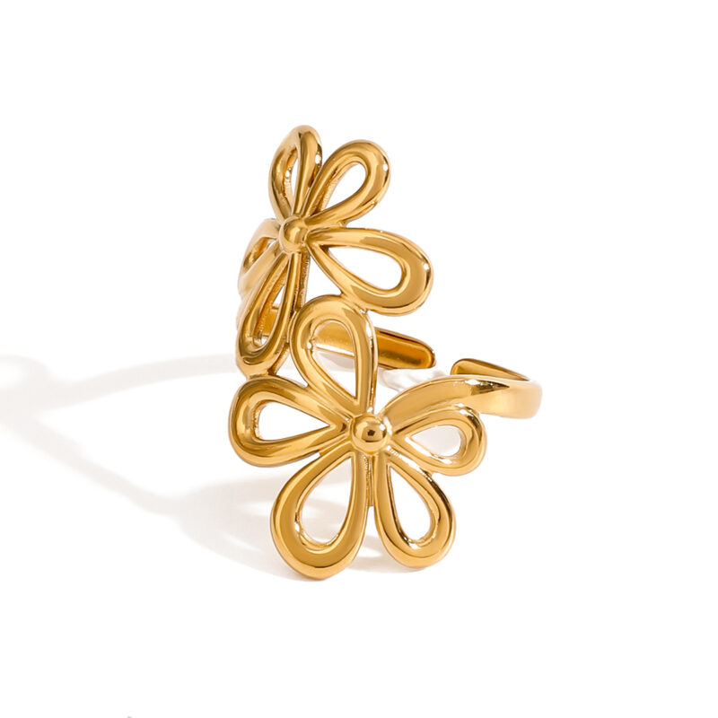 Holiday Style 18K Gold Stainless Steel Five-Petal Flower Hollow Open Ring