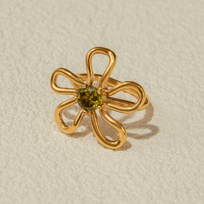 J&D Waterproof 18K Real Gold Plated Stainless Steel Tarnish Free Hollow Flower Zircon Rings - Image 3
