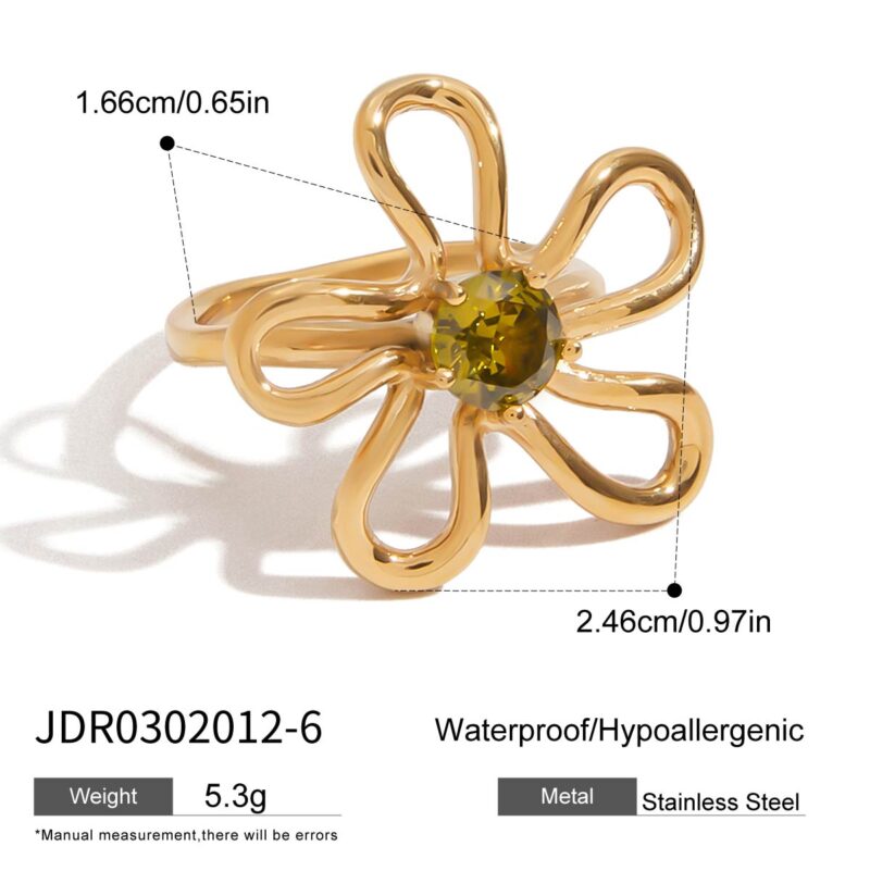 J&D Waterproof 18K Real Gold Plated Stainless Steel Tarnish Free Hollow Flower Zircon Rings - Image 5