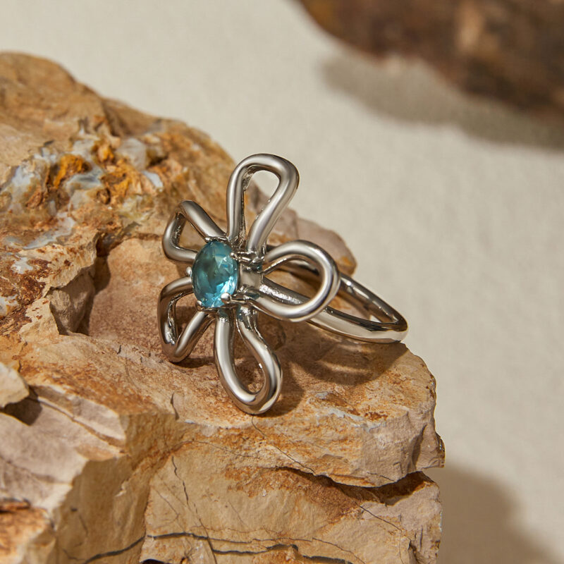 J&D 18K Gold Plate Stainless Steel Rings Trendy Modern Classic Green Blue Zircon Hollow Out Flower Ring - Image 3