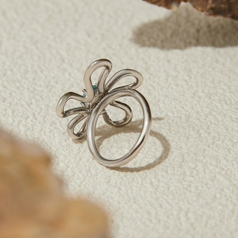 J&D 18K Gold Plate Stainless Steel Rings Trendy Modern Classic Green Blue Zircon Hollow Out Flower Ring - Image 7