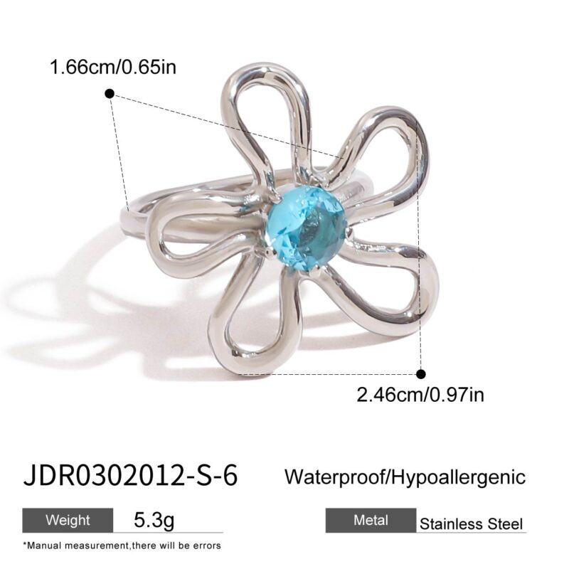 J&D 18K Gold Plate Stainless Steel Rings Trendy Modern Classic Green Blue Zircon Hollow Out Flower Ring - Image 6