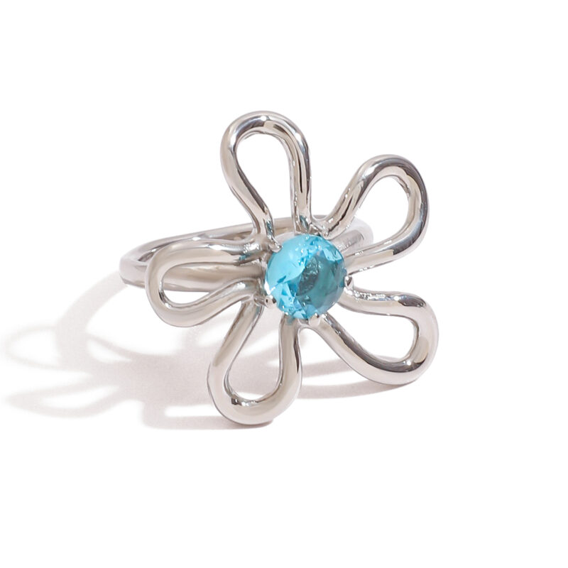 J&D 18K Gold Plate Stainless Steel Rings Trendy Modern Classic Green Blue Zircon Hollow Out Flower Ring
