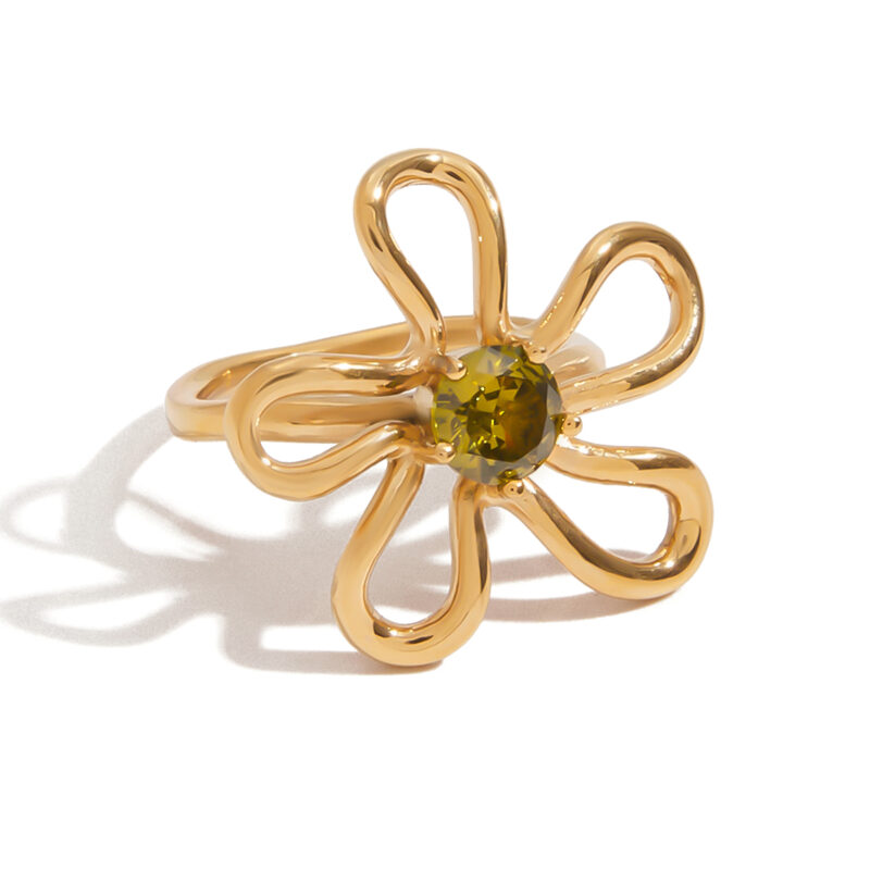 J&D Waterproof 18K Real Gold Plated Stainless Steel Tarnish Free Hollow Flower Zircon Rings