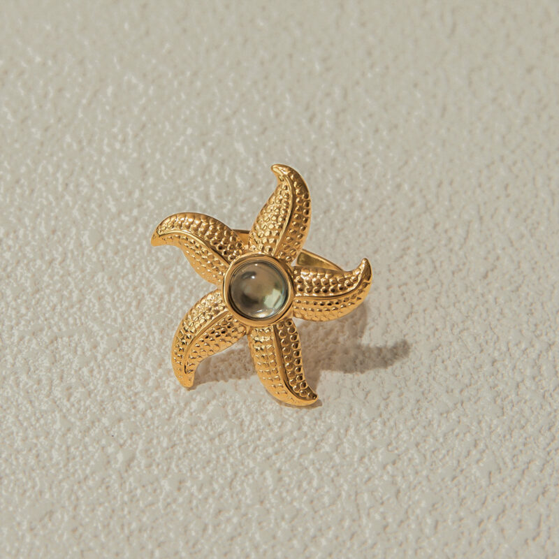 J&D Designer Women's Niche Design 18K Gold Stainless Steel Blue Glossy Resin Starfish Adjustable Open Rings - Image 4