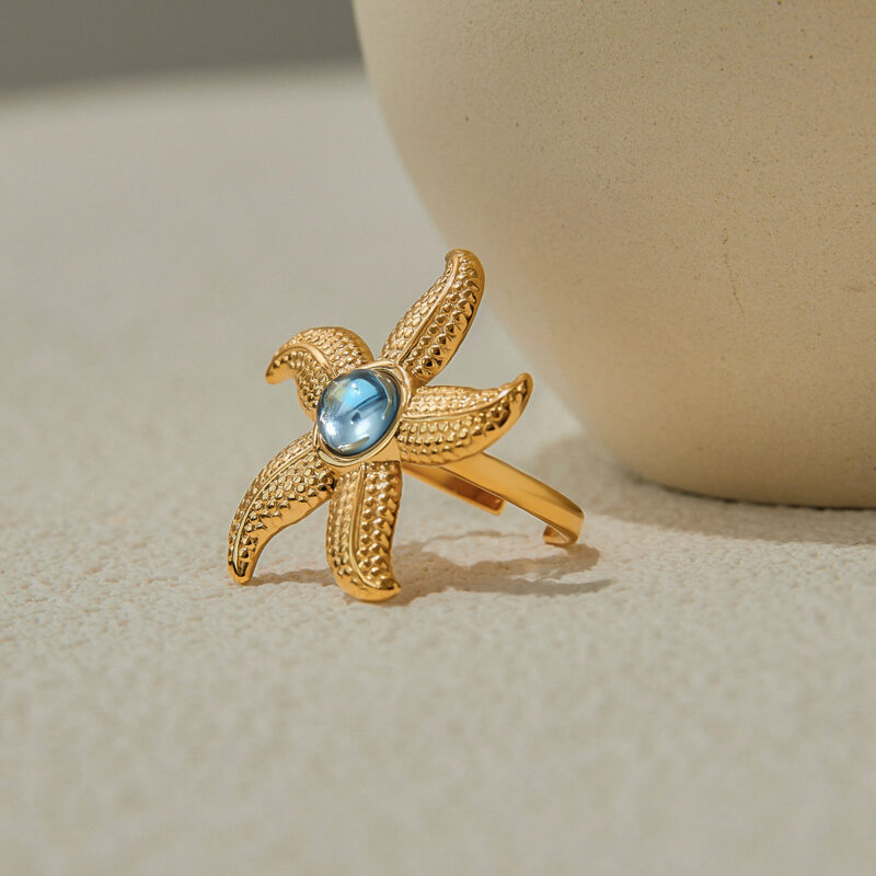 J&D Designer Women's Niche Design 18K Gold Stainless Steel Blue Glossy Resin Starfish Adjustable Open Rings - Image 5