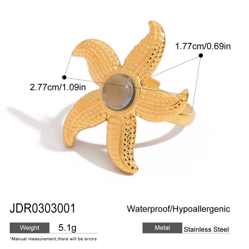 J&D Designer Women's Niche Design 18K Gold Stainless Steel Blue Glossy Resin Starfish Adjustable Open Rings - Image 6