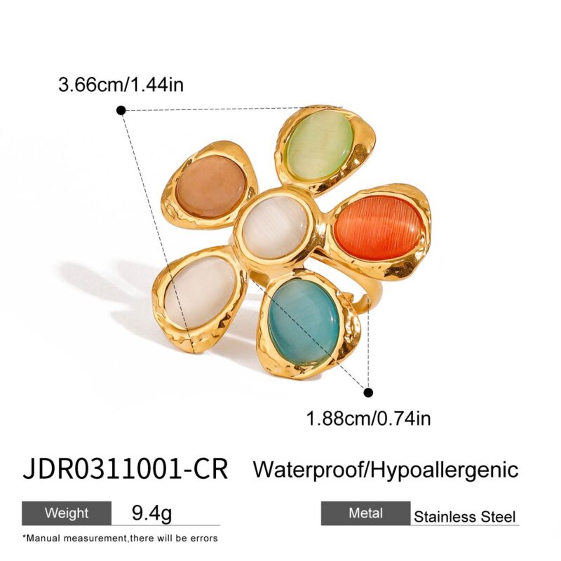 18K Gold Stainless Steel Cat's Eye Hammered Flower Adjustable Ring - Elegant & Romantic - Image 4