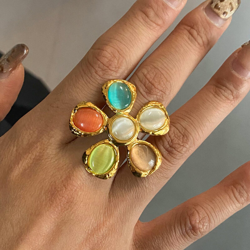 18K Gold Stainless Steel Cat's Eye Hammered Flower Adjustable Ring - Elegant & Romantic - Image 3