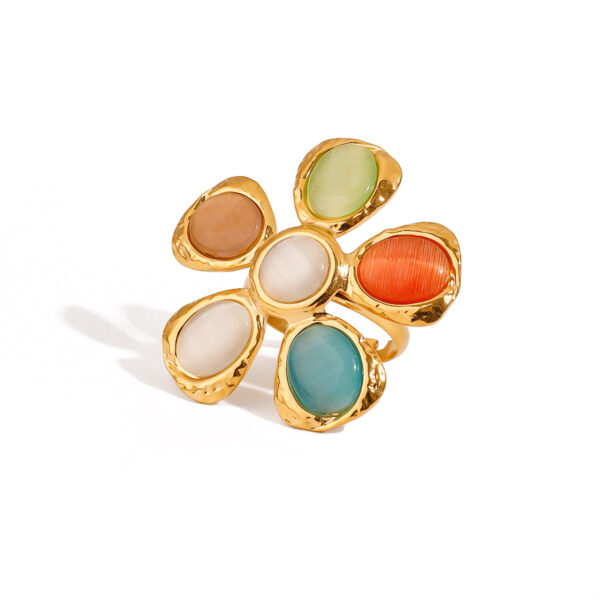 18K Gold Stainless Steel Cat's Eye Hammered Flower Adjustable Ring - Elegant & Romantic