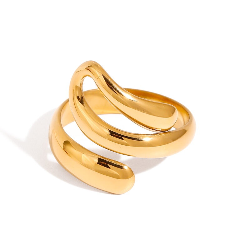 Trendy 18K Gold Stainless Steel Opening Ring Modern Geometric Liner with Irregular Oval Cut Diamond Fashionable Rings