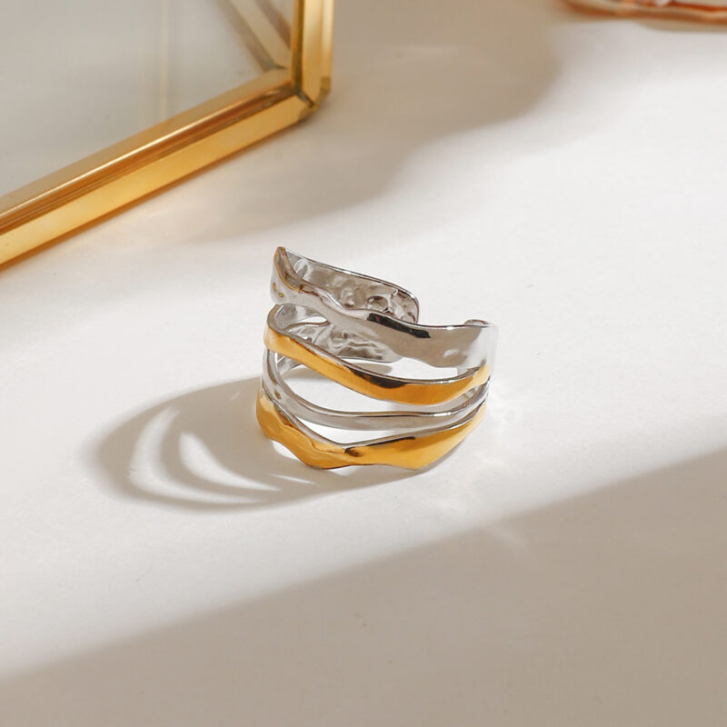Modern Minimalist 18K gold stainless steel Two Tone Multi-Layer Lines Adjustable Open Rings - Image 3