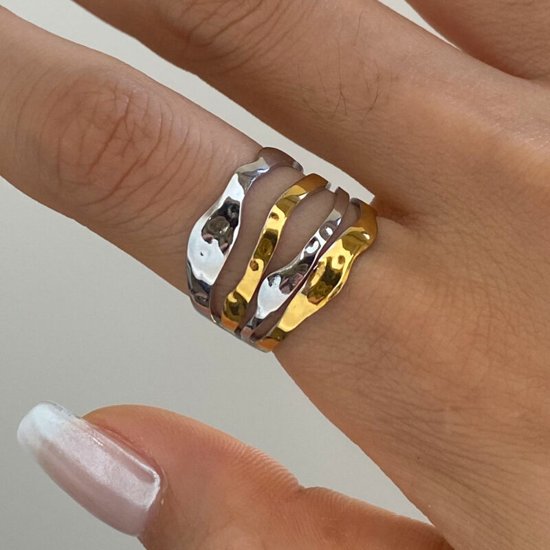 Modern Minimalist 18K gold stainless steel Two Tone Multi-Layer Lines Adjustable Open Rings - Image 2